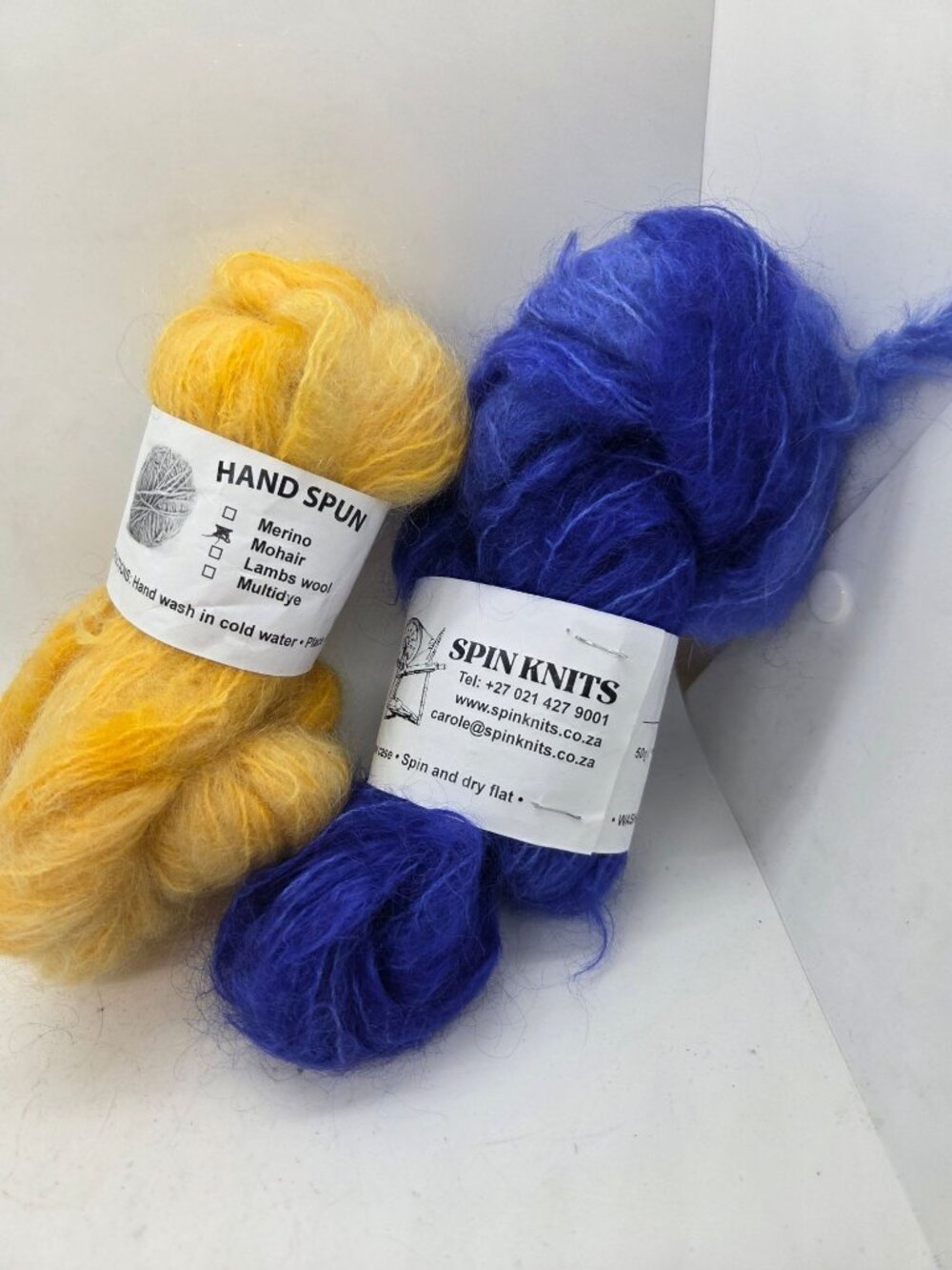 Hand-Spun Mohair Yarn 50g Each Yellow Blue Spin Knits Soft Lightweight hank